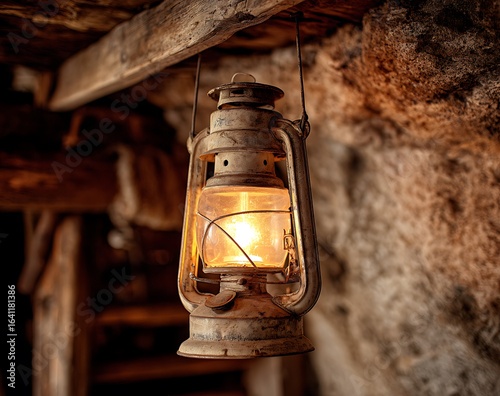 Old kerosene lantern glowing warmly in a rustic setting.