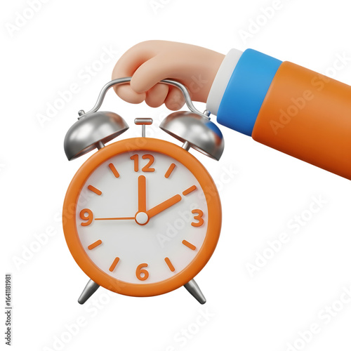 3d icon of cartoon hand holding an orange alarm clock isolated on transparent background