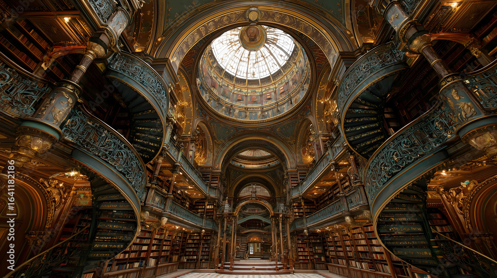 Obraz premium Grand Ornate Library Interior With Gold And Teal Accents