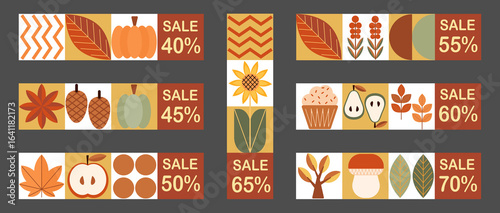 Autumn set of simple sale banners. Set of autumn price tags and discount labels. Geometric abstract fall flyer labels template with scandinavian mosaic.
