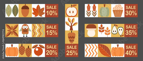 Autumn set of simple sale banners. Set of autumn price tags and discount labels. Geometric abstract fall flyer labels template with scandinavian mosaic.