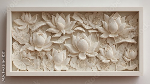 Embossed creamy white floral relief in a shallow, rectangular, cream-colored frame