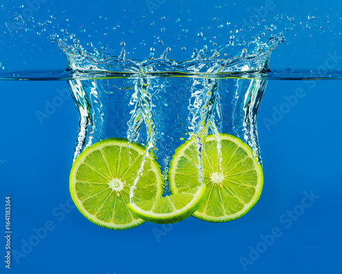 Lime slices in water with splash, blue background