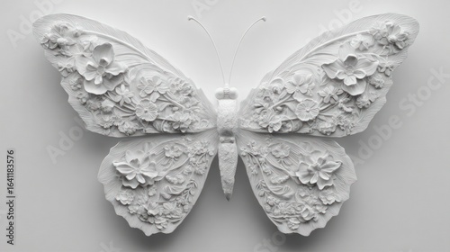 Ornamental white butterfly sculpture with floral motifs sits on a white surface