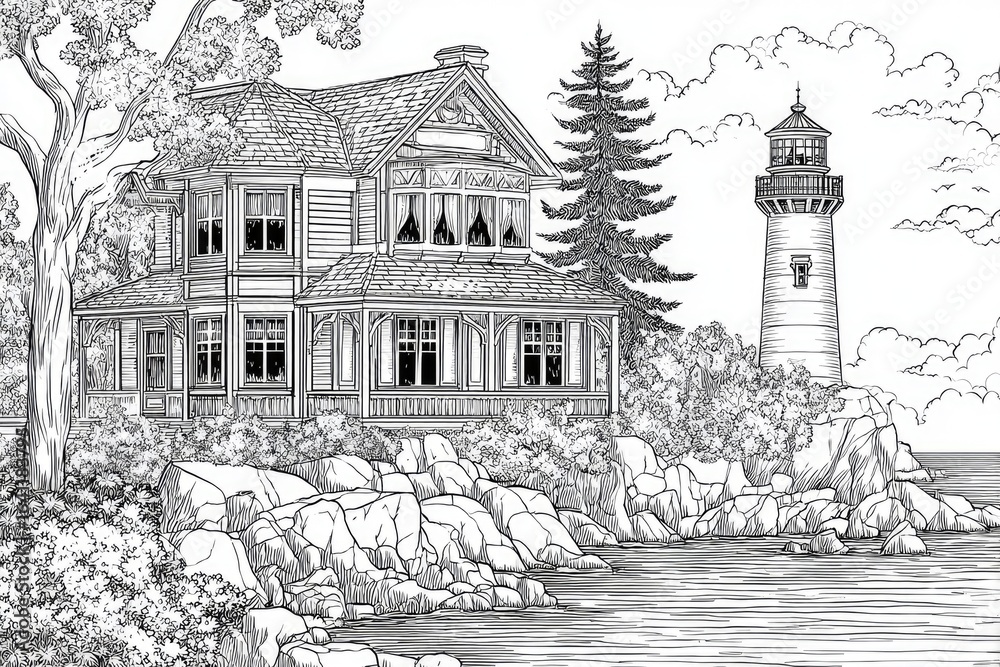Fototapeta premium Coastal scene with a historic house and lighthouse.
