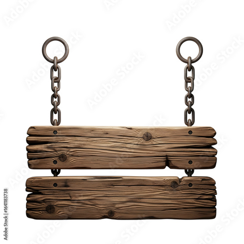 3d icon of old wooden sign board hanging on chains isolated on transparent background