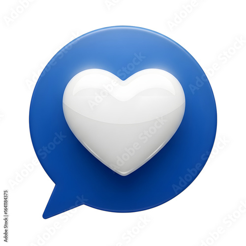 3d icon of white heart in a blue speech bubble isolated on transparent background