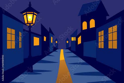 A night scene of a street with a lamp and building windows