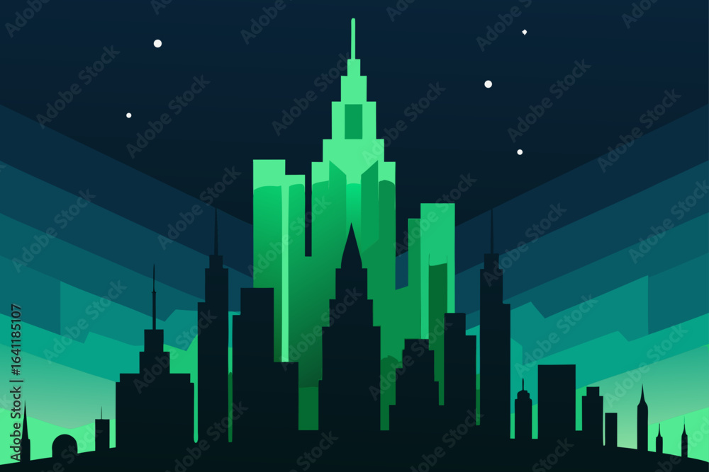 Fototapeta premium Cityscape silhouette with green glow and starry night sky