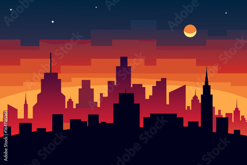 Silhouette of cityscape against an orange and blue sunset