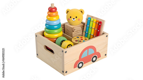 Wooden toy box filled with colorful educational toys for children wooden box children's toys