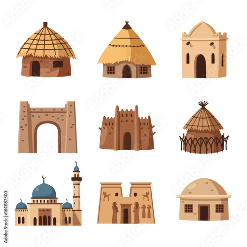 Diverse Collection of Traditional African Architectural Styles Showcasing Cultural Heritage and Design Elements for Educational and Creative Projects