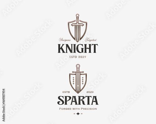 Ancient sword logo template illustration. Medieval sword silhouette ancient guild history.
