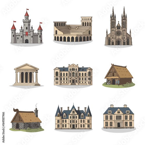 Architectural Heritage Collection Depicting Historical Buildings and Landmarks for Educational Resources and Travel Guides and Architectural Design Inspiration