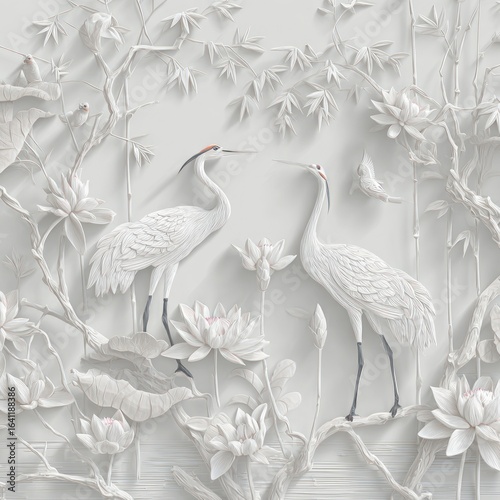 Detailed white relief artwork of two cranes amidst lotuses and bamboo on a neutral backdrop