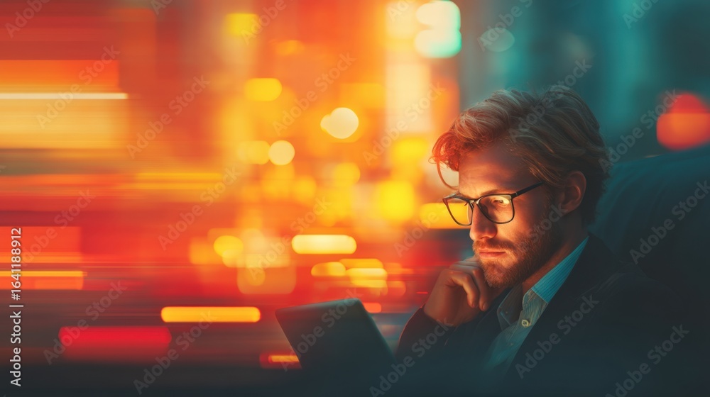 Fototapeta premium tiles and blur background probiotic market Professional young businessman using tablet at night with city lights blurred in background