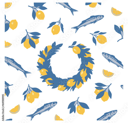 Vector art of vibrant pattern featuring lemons and fish arranged in a wreath, isolated on white background, creating a fresh and summery design with a touch of nature and artistic flair