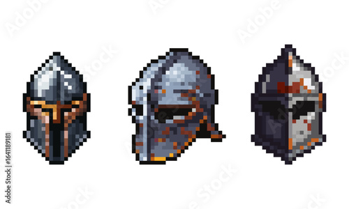 Collection of Detailed Pixel Art Medieval Helmets for Warriors and Knights in Retro Style Games