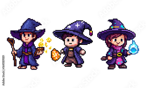 Pixel Art Wizard Characters, set of three charming pixel art illustrations of young wizards. Each character has unique features and magical elements, including a staff, spellbook, crystal, and element