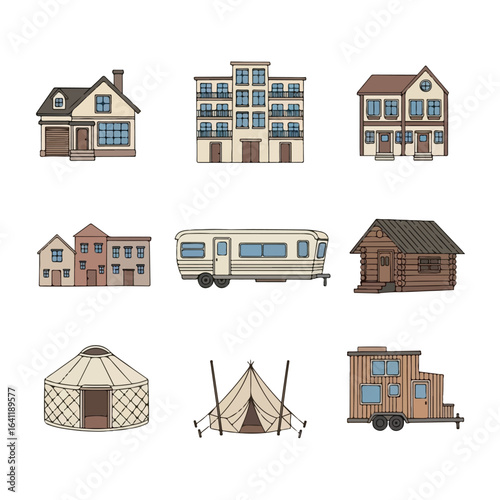 Diverse Housing Options Illustration Showcasing Various Architectural Styles and Living Spaces for Real Estate, Design, and Educational Purposes