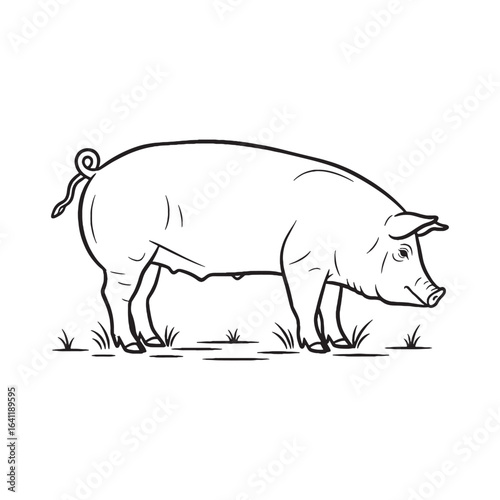 Happy Pig Line Art – Pig Vector Outline Drawing with Distinct Farm Style – Pig Drawing – Vector of Pig – Pig Outline

