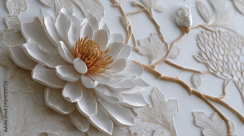 White textured floral art with raised petals, leaves and tendrils on a clean backdrop