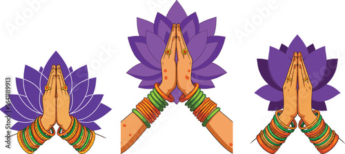 Indian hands with henna and bangles in namaste gesture with purple lotus flower background vector design