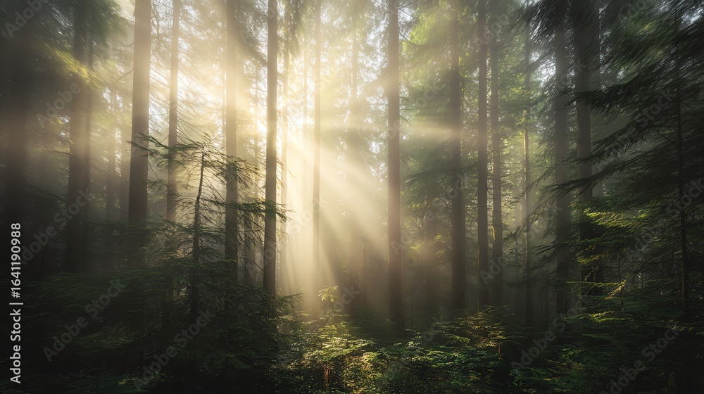 Fototapeta premium A serene forest scene illuminated by soft rays of sunlight filtering through tall trees, creating a tranquil and ethereal atmosphere.