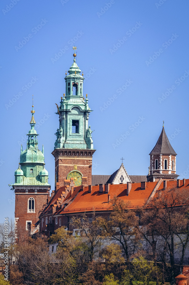 Obraz premium Towers of Royal Archcathedral Basilica of Saints Stanislaus and Wenceslaus on the Wawel Hill in Cracow city, Poland