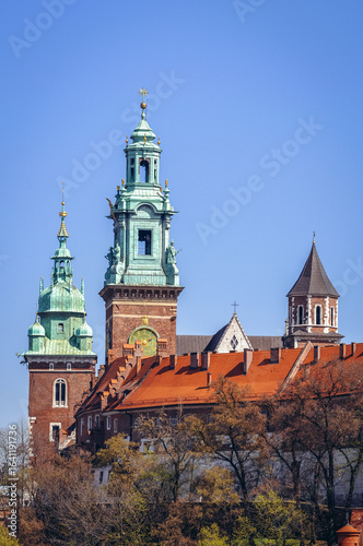 Towers of Royal Archcathedral Basilica of Saints Stanislaus and Wenceslaus on the Wawel Hill in Cracow city, Poland