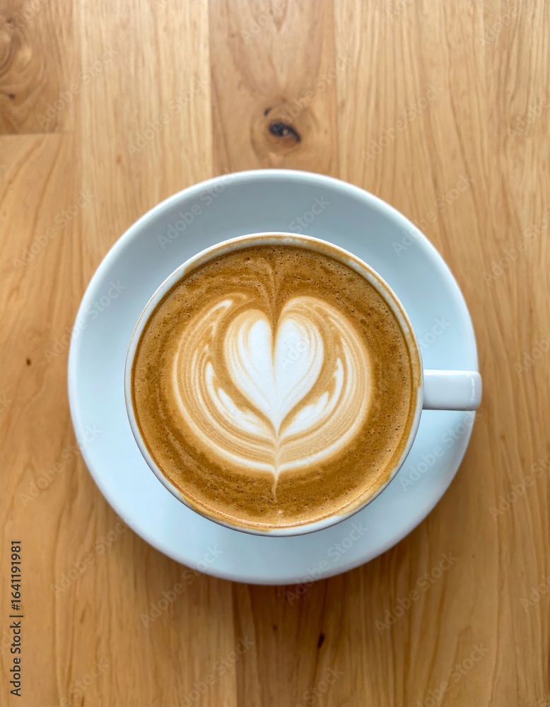 Obraz premium Frothy Latte Art Displayed on Wooden Table with Heart Design and Stylish Presentation