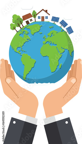 Earth globe with houses trees and solar panels held by two hands showing environmental care and sustainability concept vector illustration