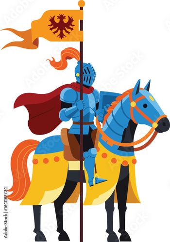 Medieval knight in blue armor riding horse holding flag with emblem vector illustration