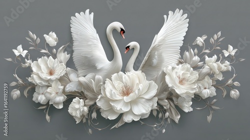 Fototapeta Naklejka Na Ścianę i Meble -  Two white swans amidst ornate white floral arrangements on a muted gray background