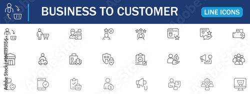 B2C line editable icon set. Featuring business-to-consumer, e-commerce, digital marketing, customer experience, direct sales, customer service, retail, and online store icons. Outline vector style.