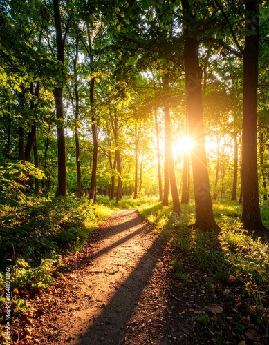 제목: A Path into the Golden Light

설명: An immersive vertical shot following a path into the peaceful, golden-lit heart of the forest in the late afternoon.