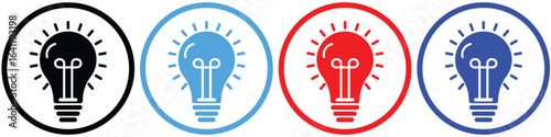 Light bulb icon set with glowing rays. Idea and innovation symbols. Electric lamp, creativity, solution, bright concept, and invention. Outline, filled, and colorful vector illustration.