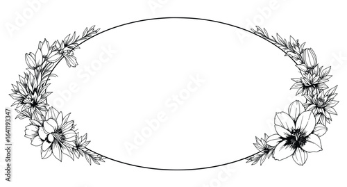 Elegant oval floral frame vector illustration, delicate flowers and leaves, pure white background