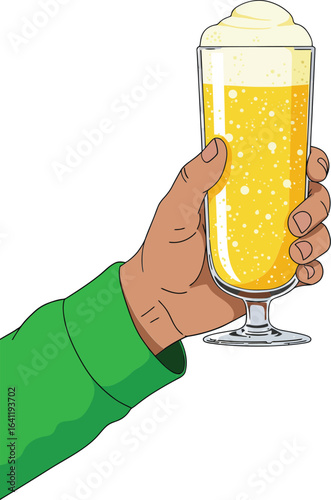 Hand holding glass of beer with foam yellow drink in green sleeve vector illustration