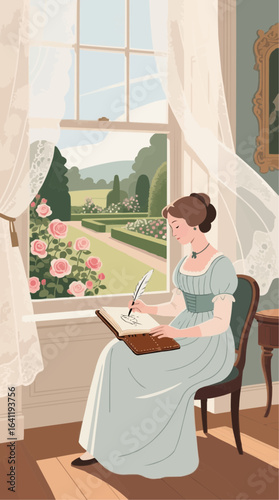 Woman writing in a book by a window overlooking a garden, bathed in soft light, evokes a sense of peaceful creativity and historical charm.