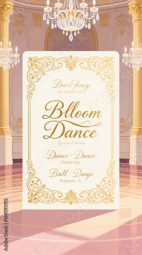 Elegant invitation card announces a grand ball with ornate gold details in a luxurious ballroom setting, creating a sense of anticipation and glamour.