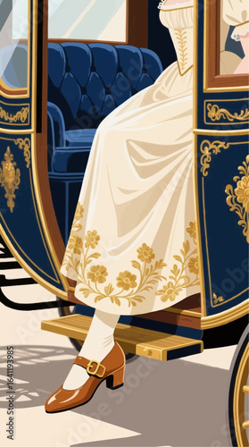 Elegant woman stepping out of ornate carriage in historical setting, showcasing vintage fashion and refined travel, evoking a sense of luxury and timeless elegance.