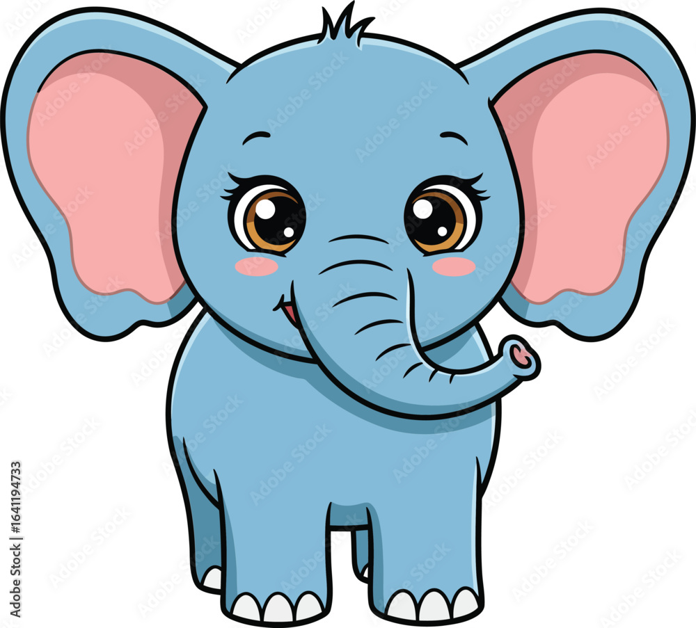 Fototapeta premium Cute blue baby elephant cartoon character with big ears and adorable eyes vector illustration