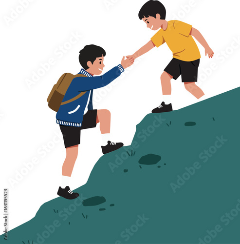 Boys helping each other climb hill teamwork concept friendship support vector illustration