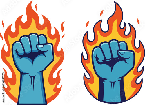 Blue Fist Raised in Fiery Flames Vector Illustration for Power Strength and Resistance Symbolism