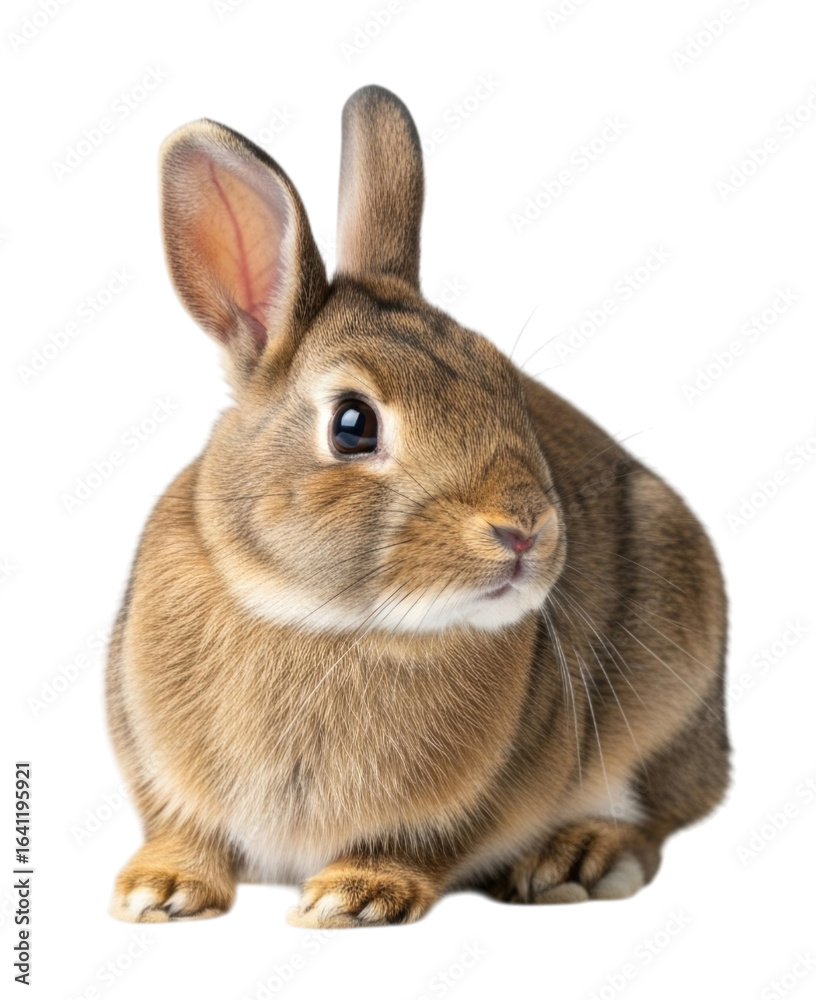 Fototapeta premium Cute brown bunny sitting calmly while gazing curiously, transparent background, cutout PNG
