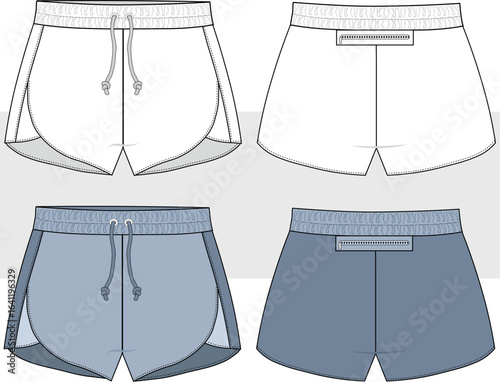 Women's tracking active wear, sport shorts with back zipper detail, fashion technical drawing, flat sketch, Illustration. Front and back view, CAD, Mockup set.
