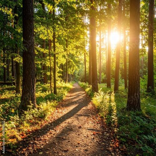 제목: The Calm Path Before Nightfall

설명: A square frame that captures the serene, quiet beauty of a summer forest path as the day gently comes to an end.