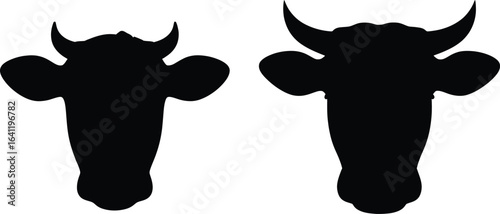 Two cow head silhouette vector illustration animal cattle farm mammal livestock agriculture dairy beef black white 100