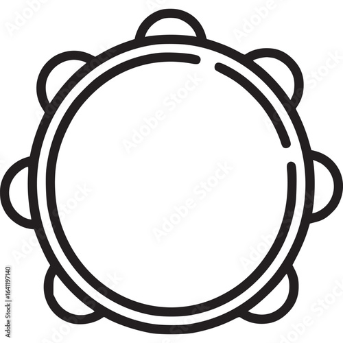A simple tambourine icon isolated on white background, depicting a circular percussion instrument with jingles, representing rhythm, music, and festive celebrations